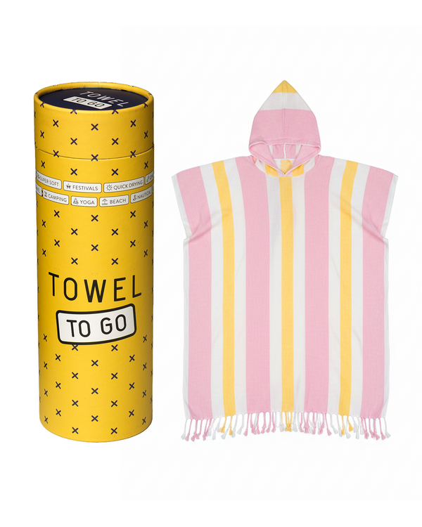 Striped hooded towel with pink and yellow stripes next to a yellow cylindrical container labeled 'Towel To Go'.