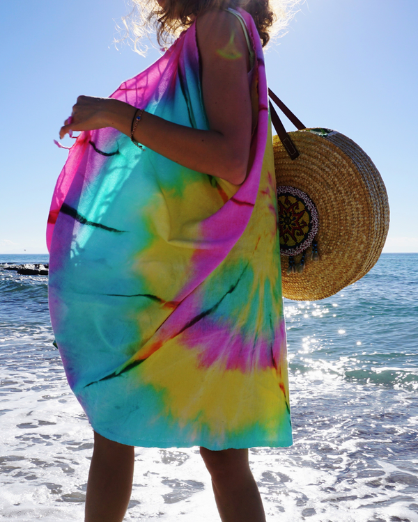 Kimono serviette convertible tie-dye avec boîte cadeau recyclée, bleu, jaune
