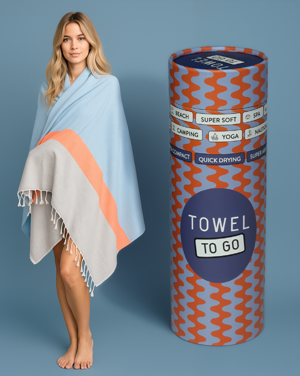 Quick-Dry Cotton Towel – Lightweight Beach & Travel Towel – Baby Blue & Grey – Recycled Cotton Neon