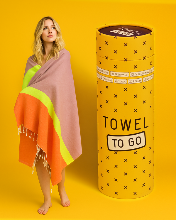 Quick-Dry Cotton Towel – Lightweight Beach & Travel Towel – Dusty Rose & Orange – Recycled Cotton Neon