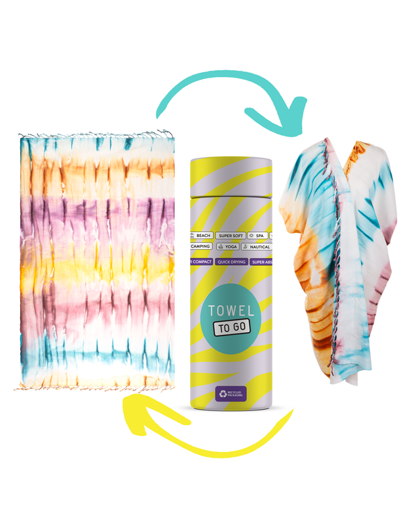 Kimono serviette convertible tie-dye avec boîte cadeau recyclée, violet, bleu