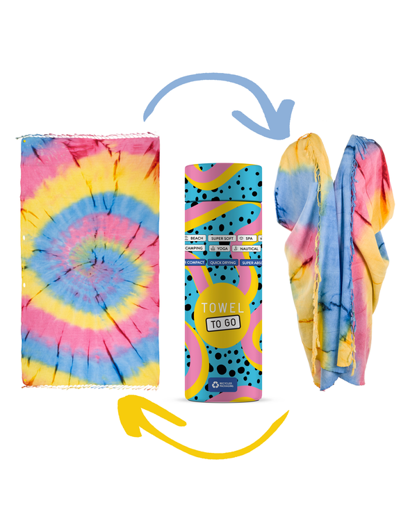 Kimono serviette convertible tie-dye avec boîte cadeau recyclée, bleu, jaune