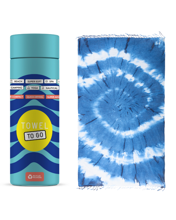 Batik Strandtuch Spirale mit Geschenkbox – Blau & Weiß, 100 % Baumwolle