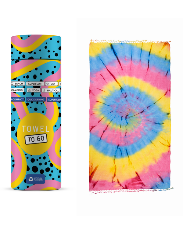 Batik Strandtuch Spirale mit Geschenkbox – Blau & Gelb, 100 % Baumwolle