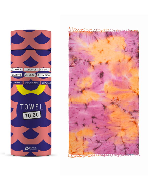 Batik Strandtuch Splash mit Geschenkbox – Lila & Orange, 100 % Baumwolle