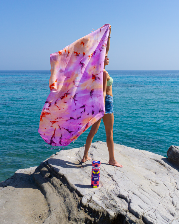 Batik Strandtuch Splash mit Geschenkbox – Lila & Orange, 100 % Baumwolle