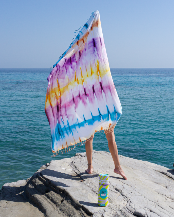 Batik Strandtuch Spirale mit Geschenkbox – Lila & Blau, 100 % Baumwolle