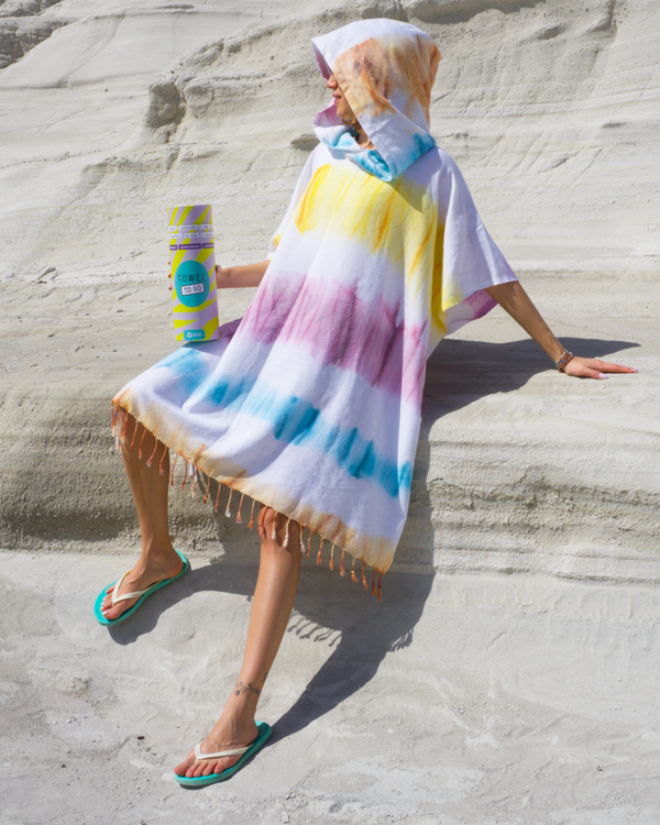 Tie Dye Hooded Beach Poncho with Recycled Gift Box, Purple, Blue