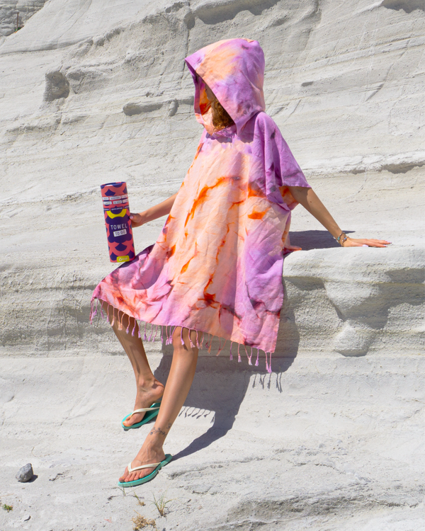 Tie Dye Hooded Beach Poncho with Recycled Gift Box, Purple, Orange
