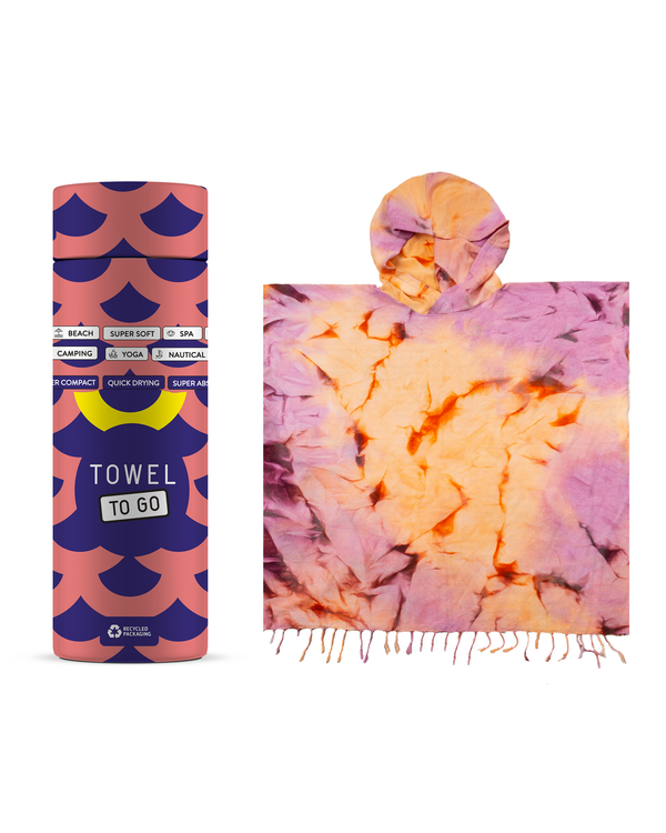 Tie Dye Hooded Beach Poncho with Recycled Gift Box, Purple, Orange