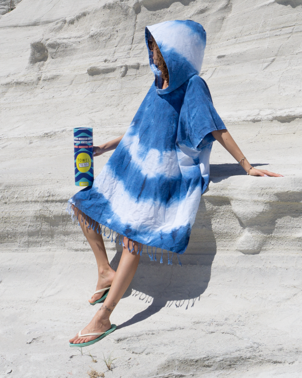Tie Dye Hooded Beach Poncho with Recycled Gift Box, Blue, White