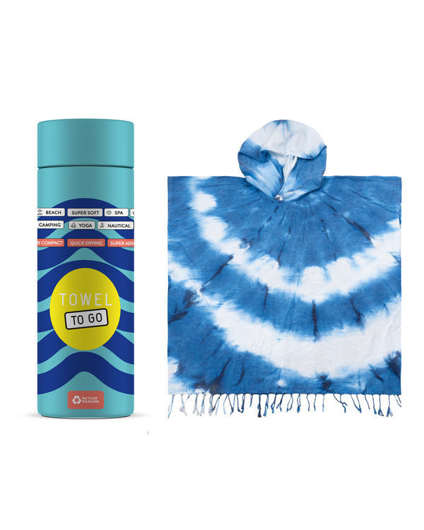 Tie Dye Hooded Beach Poncho with Recycled Gift Box, Blue, White