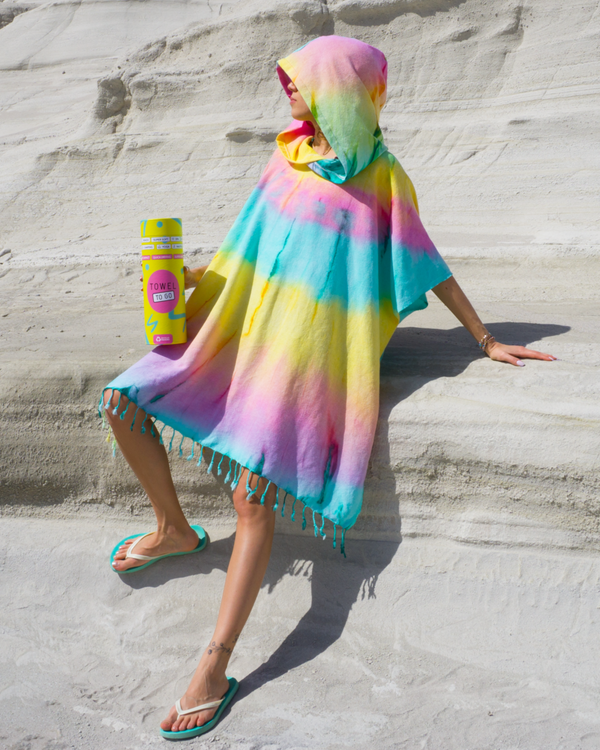Tie Dye Hooded Beach Poncho with Recycled Gift Box, Pink, Green