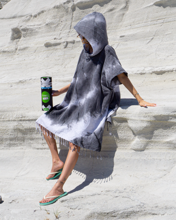 Tie Dye Hooded Beach Poncho with Recycled Gift Box, Black, White