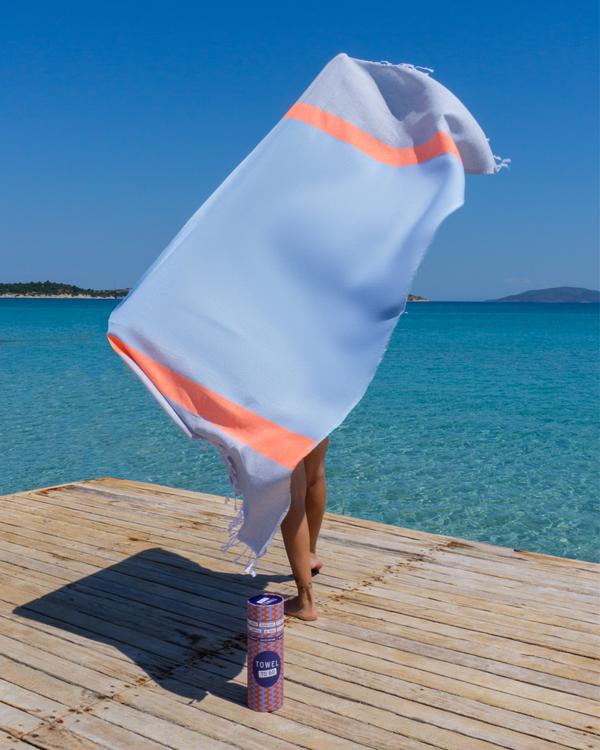 Neon Beach Towel with Recycled Gift Box, Recycled Cotton, Blue, Grey