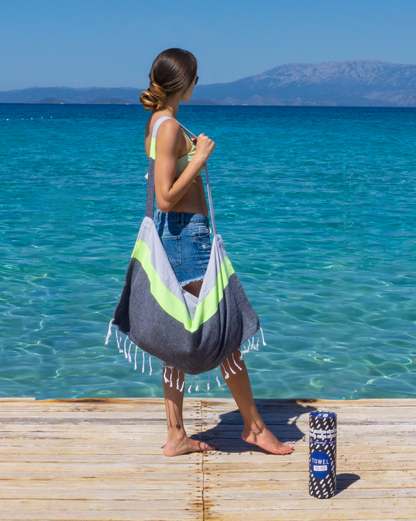 Neon Two-in-One Beach Towel and Bag, Grey, Black, Recycled Cotton with Recycled Gift Box