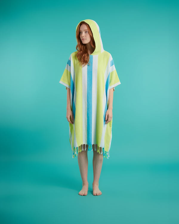 Towel to Go Hooded Cotton Beach Poncho in Lime and Ocean Blue from the Coral Coast Collection.
