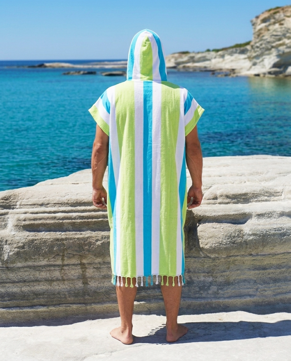 Man using a Towel to Go Hooded Cotton Beach Poncho in Blue and Lime from the Coral Coast on the beach 2.