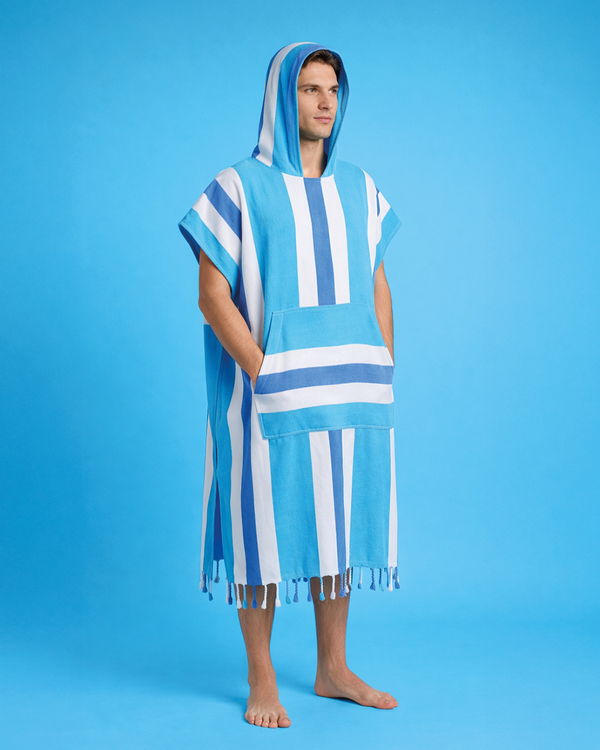 Towel to Go Hooded Cotton Beach Poncho in Blue and Navy from the Men Coral Coast Collection.