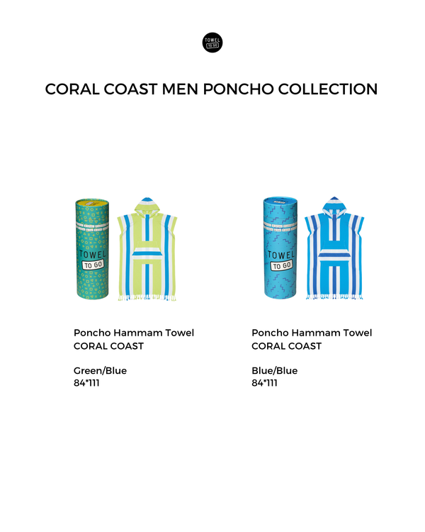 Towel To Go hooded cotton beach poncho from the Coral Coast men’s collection in various designs and colors on a white background