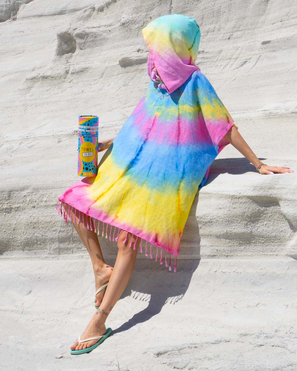Tie Dye Hooded Beach Poncho with Recycled Gift Box, Blue, Yellow