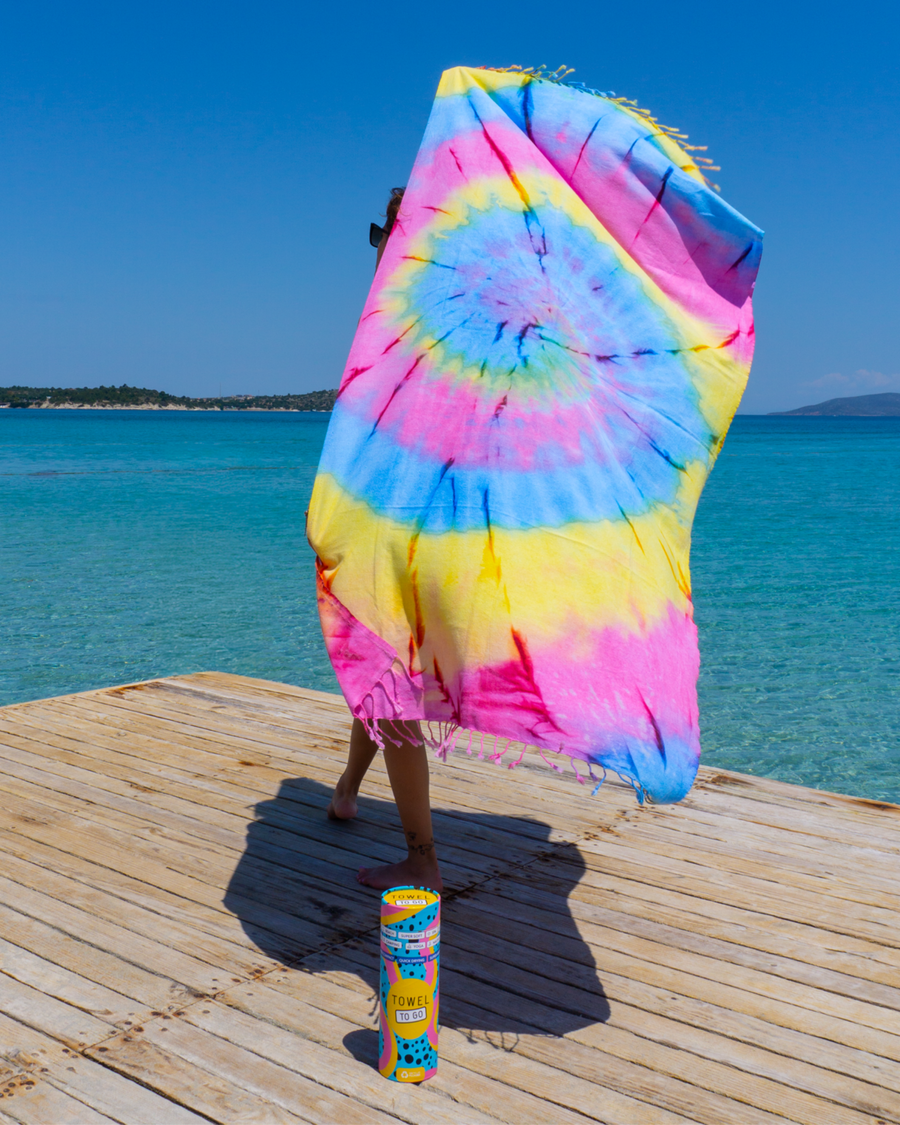 Towel to Go Tie Dye in Blue and Yellow and Pink quick-dry beach towel.