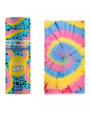 Towel to Go Tie Dye in Blue and Yellow and Pink quick-dry beach towel.