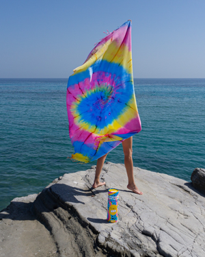Towel to Go Tie Dye in Blue and Yellow and Pink quick-dry beach towel.