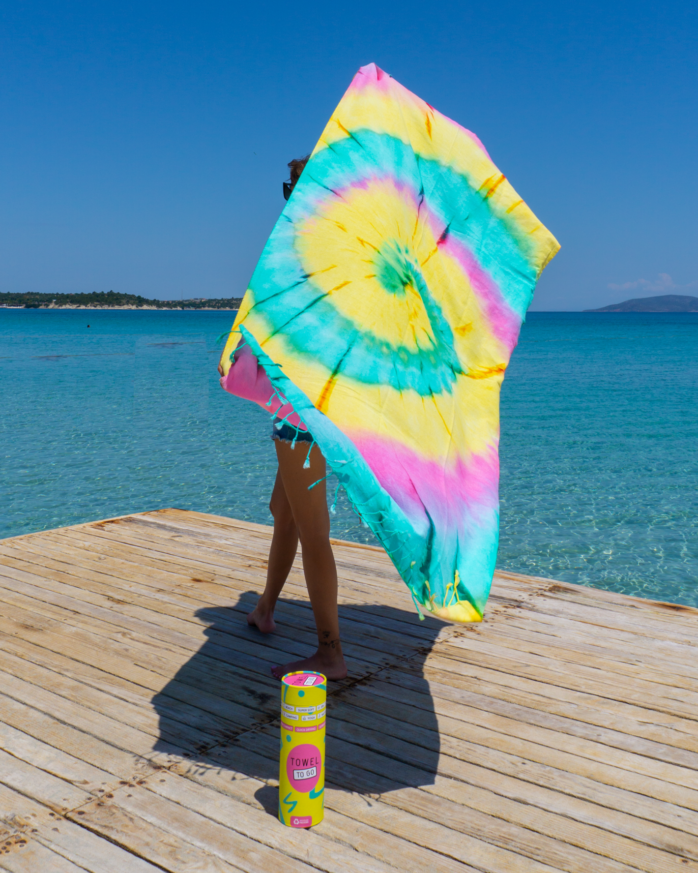 Tie Dye Beach Towel Solar with Recycled Gift Box, Pink, Green