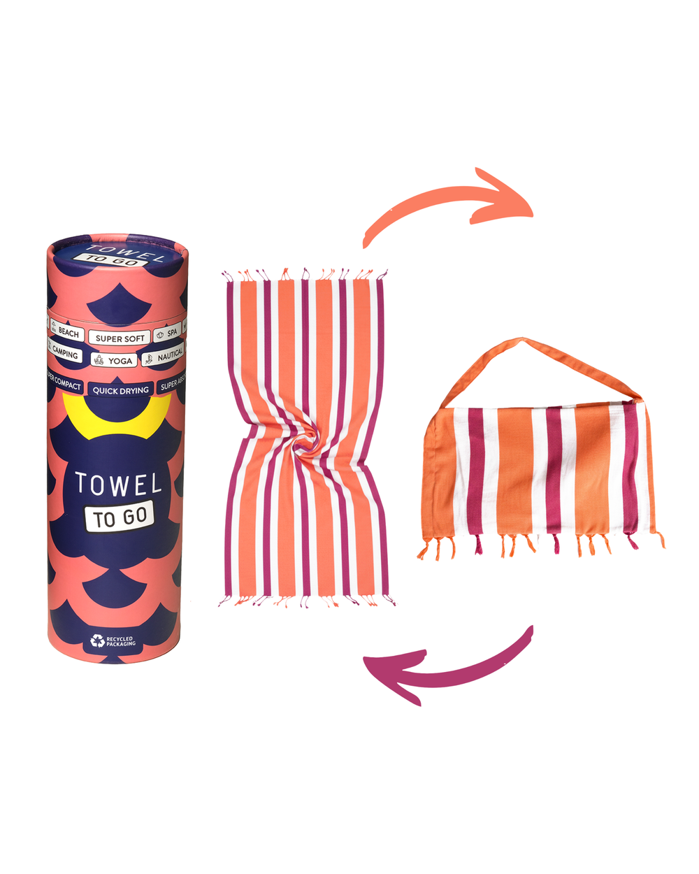 2-in-1 Hammam Towel Bag Coral Coast Orange & Fuchsia – Recycled Cotton