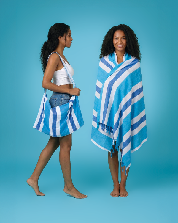 2-in-1 Hammam Towel Bag Coral Coast Blue & Navy – Recycled Cotton
