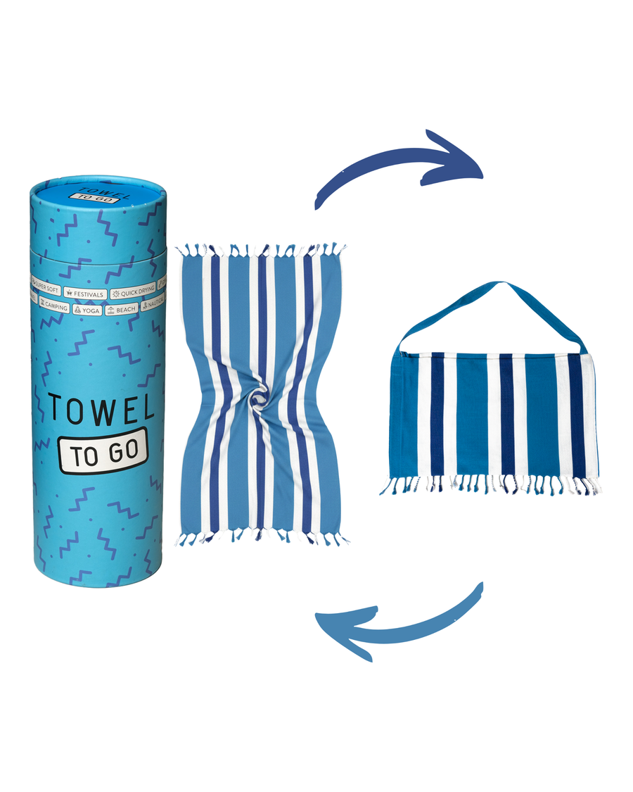 2-in-1 Hammam Towel Bag Coral Coast Blue & Navy – Recycled Cotton