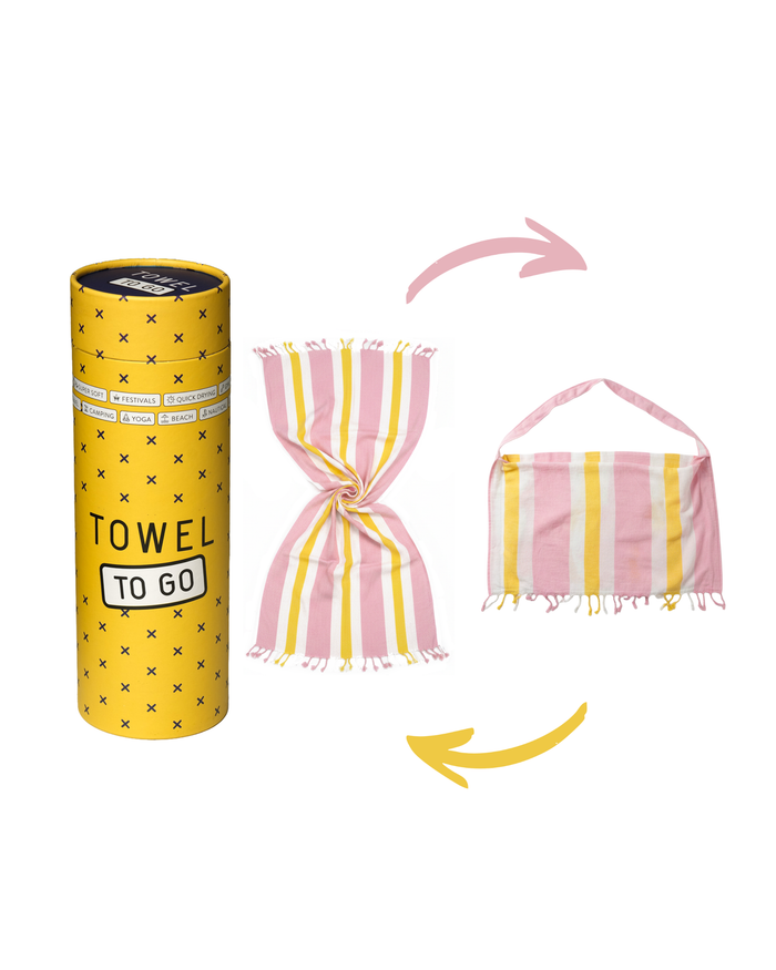 2-in-1 Hamamtuch Tasche Rosa & Sonnengelb – Recycelte Baumwolle