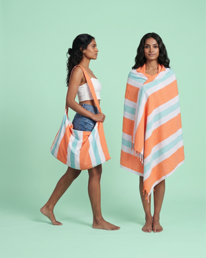 2-in-1 Hamamtuch Tasche Orange & Mint – Recycelte Baumwolle