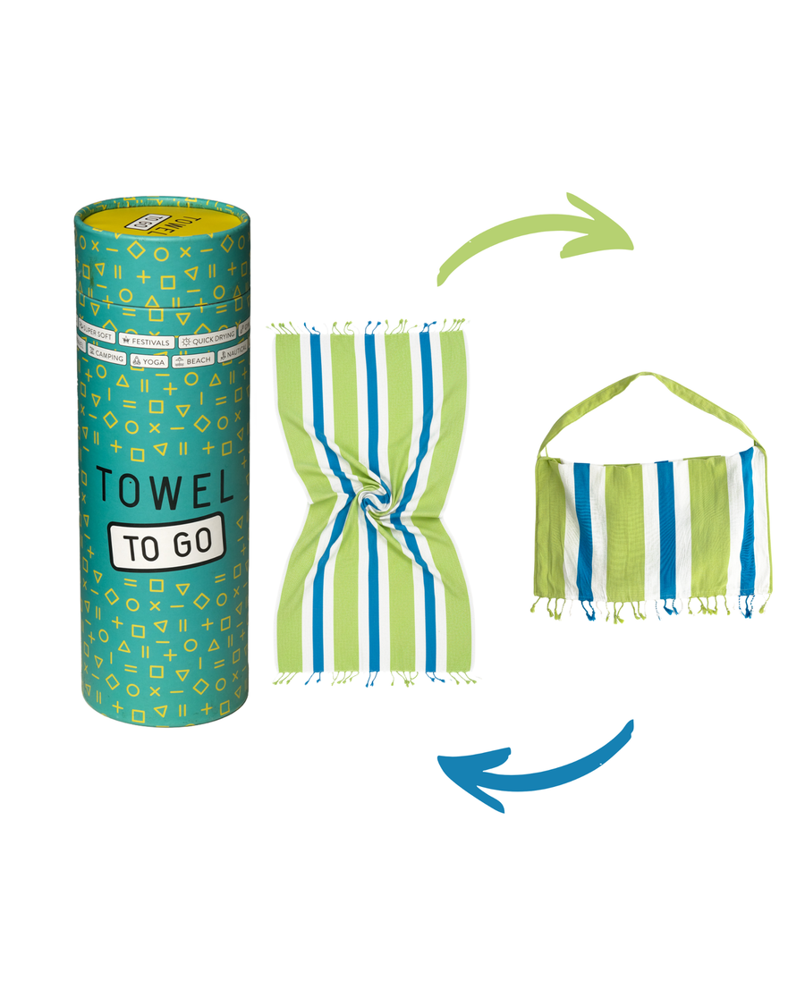 2-in-1 Hammam Towel Bag Coral Coast Lime & Ocean Blue – Recycled Cotton