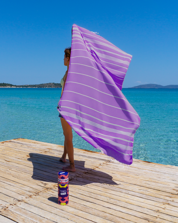 Serviette de hammam Capri à emporter avec boîte cadeau recyclée, violet