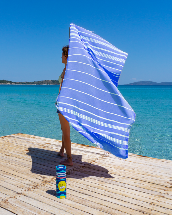 Serviette de hammam Capri à emporter avec boîte cadeau recyclée, bleu