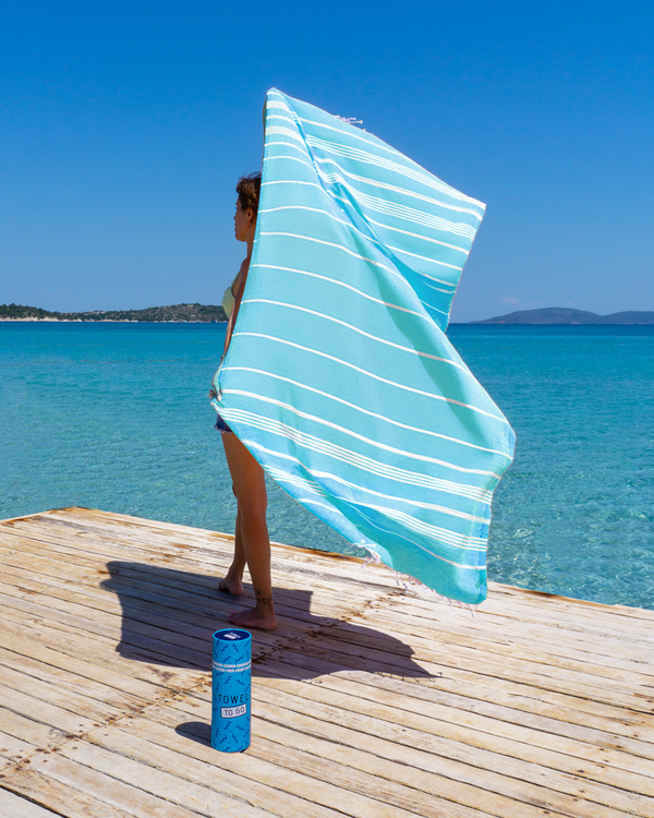 Serviette de hammam Capri à emporter avec coffret cadeau recyclé, turquoise