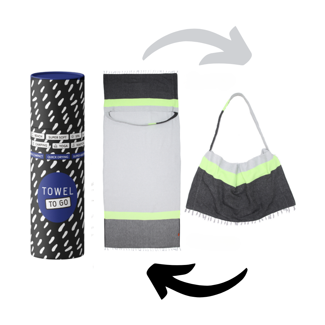 Neon 2-in-1 Handtuchtasche, grau, schwarz, recycelte baumwolle