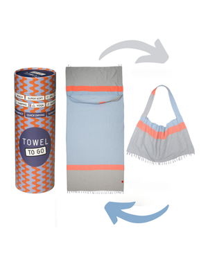 Neon Hellblau & Grau – 2-in-1 Strandtuch Tasche aus recycelter Baumwolle