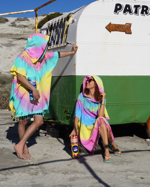 Batik Strand-Poncho & Umziehhilfe Violett & Aprikot – Unikat – OEKO-TEX®