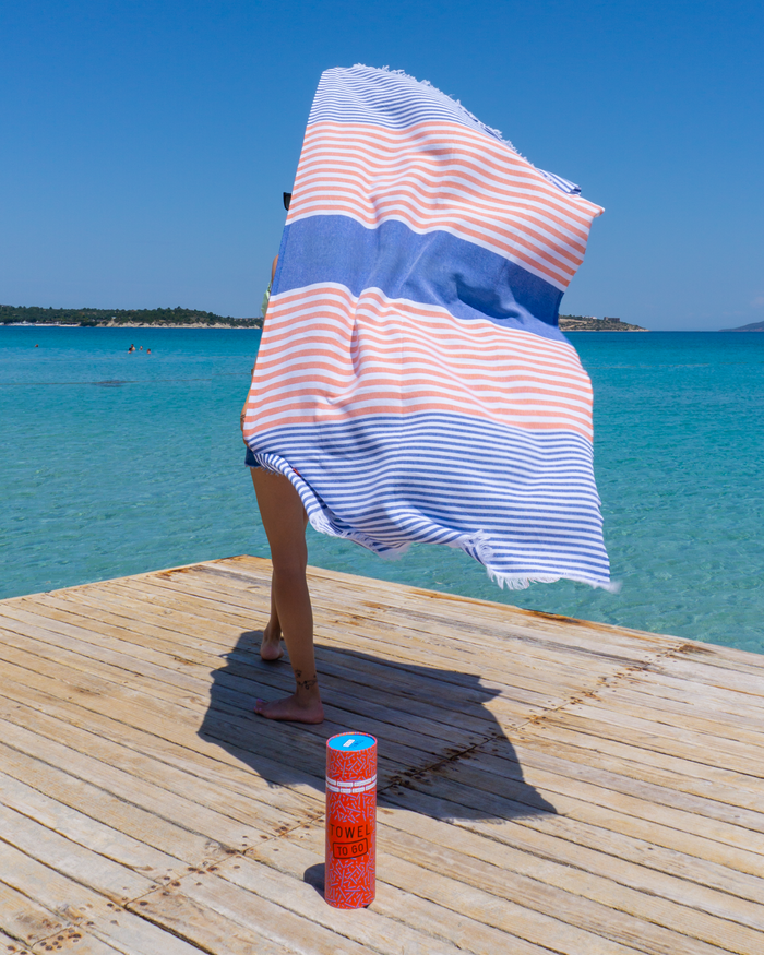 Bali Himmelblau & Orange – Schnelltrocknendes Strandtuch aus Baumwolle
