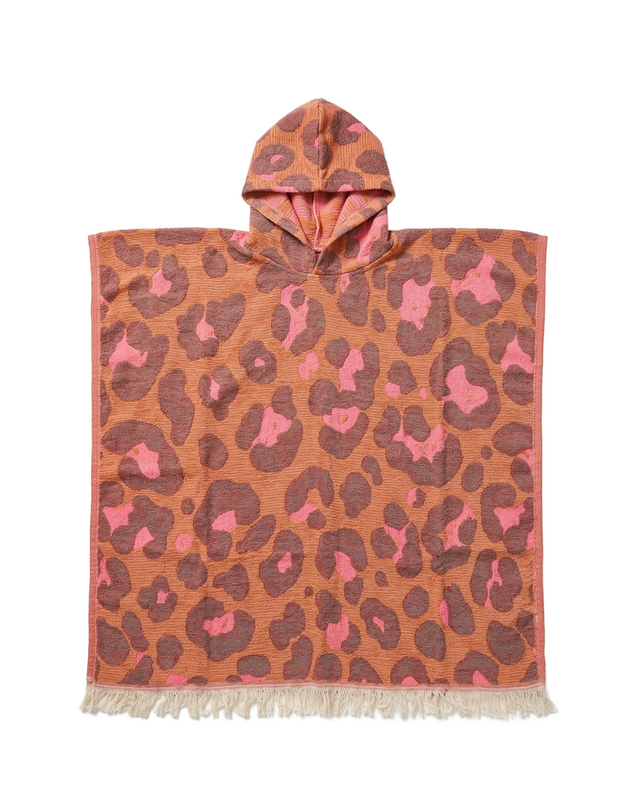 Towel to Go Hooded Cotton Beach Poncho in Camel and Rose from the Neon Safari Collection.