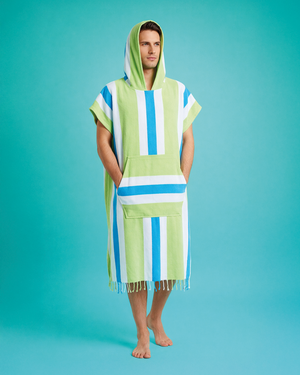 Towel to Go Hooded Cotton Beach Poncho in Blue and Lime from the Men Coral Coast Collection.