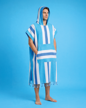 Towel to Go Hooded Cotton Beach Poncho in Blue and Navy from the Men Coral Coast Collection.