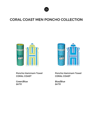 Towel To Go hooded cotton beach poncho from the Coral Coast men’s collection in various designs and colors on a white background