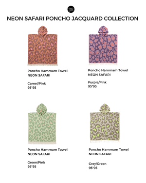 Towel To Go hooded cotton beach poncho from the Neon Safari collection in various designs and colors on a white background.
