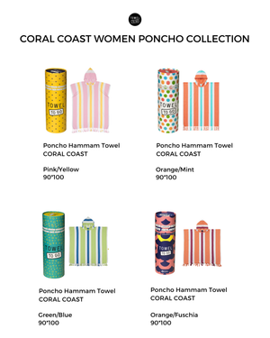 Towel To Go hooded cotton beach poncho from the Coral Coast women’s collection in various designs and colors on a white background