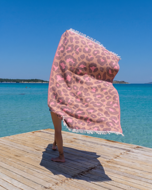 Neon Safari Jacquard leopard towel in Camel and Rose Pink, premium woven animal print – Towel To Go