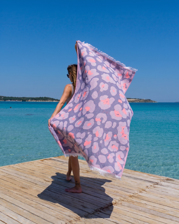 Leopard pattern Jacquard towel Neon Safari in Lavender and Coral, woven cotton beach towel – Towel To Go.
